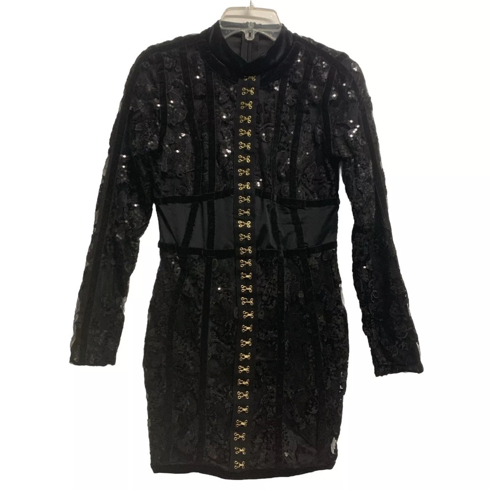 NWT Women’s Dress Black Mini Long Sleeve Sequin Velvet Hook & Eye Size Small